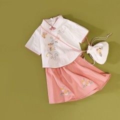 童裝女童中國風春夏新款中童中式復(fù)古旗袍刺繡兒童漢服套裝