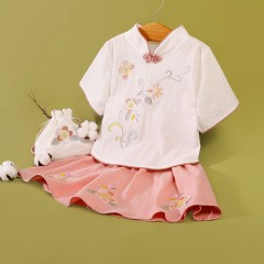 童裝女童中國風春夏新款中童中式復(fù)古旗袍刺繡兒童漢服套裝